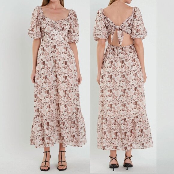 New English Factory Linen Blend Floral Puff Sleeve Maxi Dress S $140 - Picture 1 of 10